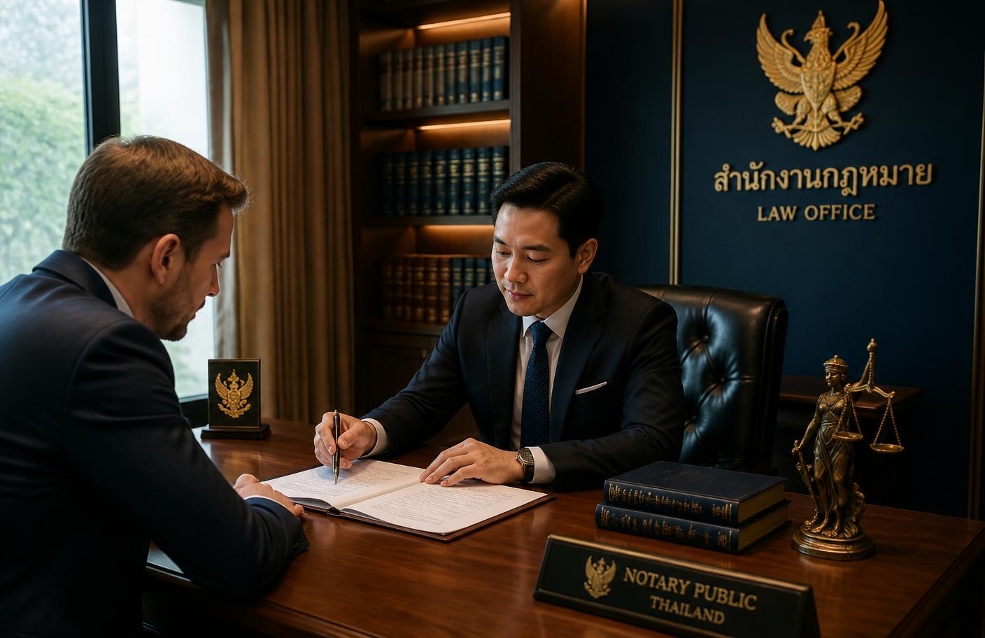 ทนายความผู้ทำคำรับรองฯ ตรวจเอกสารสองภาษาร่วมกับลูกค้าชาวต่างชาติที่โต๊ะประชุมของสำนักงาน